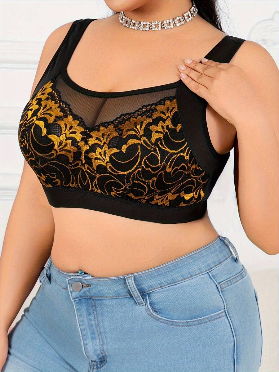 Gold Leaf Lace Patchwork Plus Size Wireless Bra, Soft And Skin-Friendly Fabric - Gold - View 1