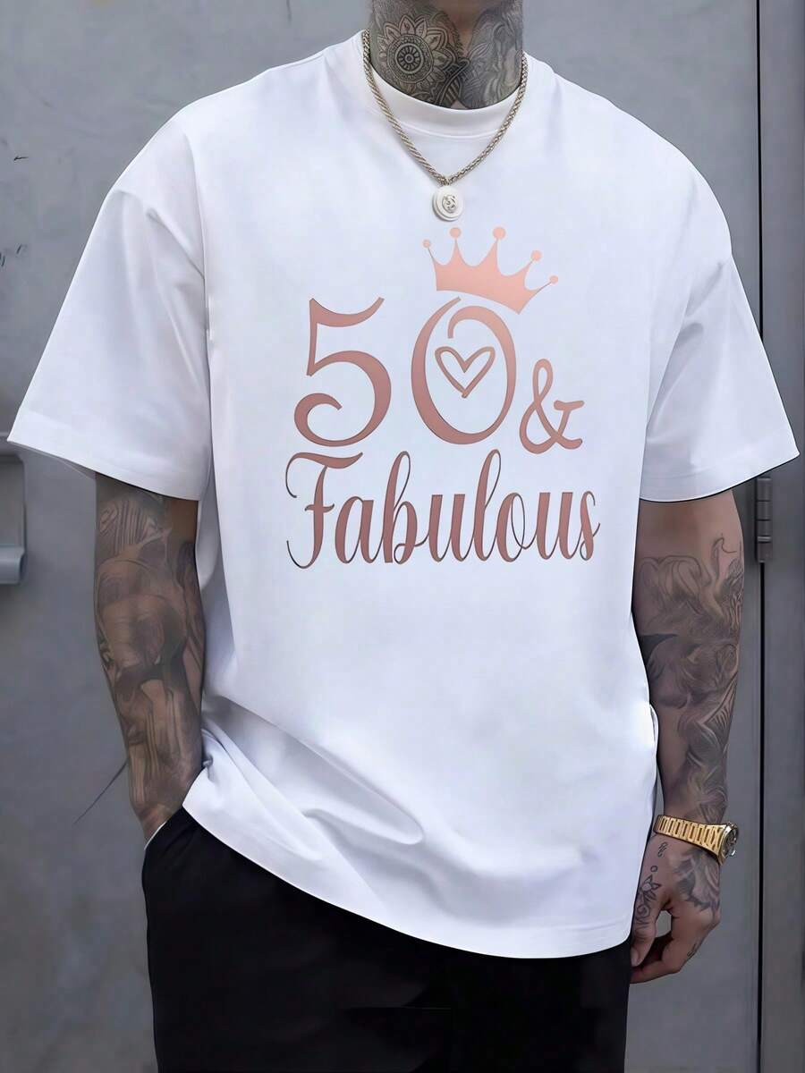 Corona brillante sobre el número 50 rodeado por un corazón simboliza orgullo madurez y energía positiva celebrando la elegancia de cumplir medio siglo con espíritu juvenil y confianza resistente camiseta de hombre moderna cómoda para diario y reuniones especiales - Blanco - Ver 1