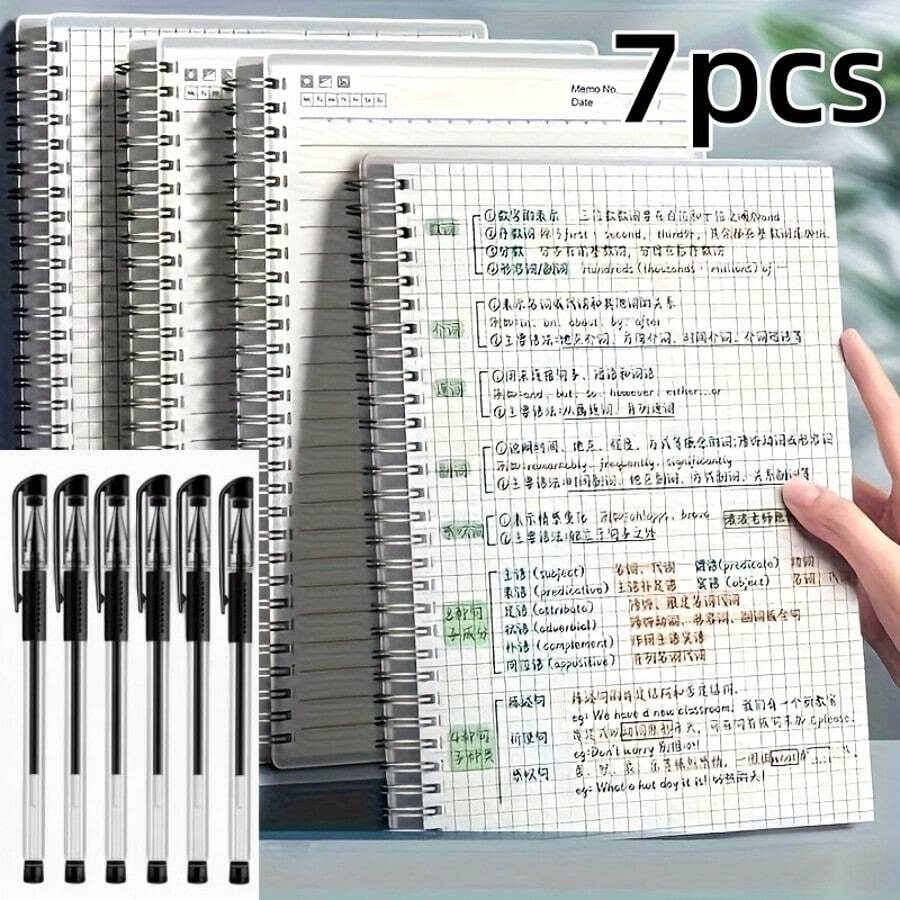 7pcs Notebook Set (1 Notebook + 6 Pens), 1pc 80 Sheets/160 Pages A5 Grid Notebook Made Of Thick Paper, Elegant A5 Spiral Notebook Suitable For Office, Note-Taking, Sketching, Drafting, Agenda, Drawing And Writing