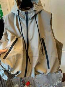 2026 Spring & Autumn New Women's Colorblock Drawstring Pocket Zipper Windbreaker Vest, Fashionable Casual Sleeveless Top Vacation - Khaki - View 3