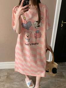 Áo ngủ cổ tròn họa tiết kẻ caro in hình động vật hoạt hình màu hồng, kiểu Hàn Quốc. - Hồng - Xem 7