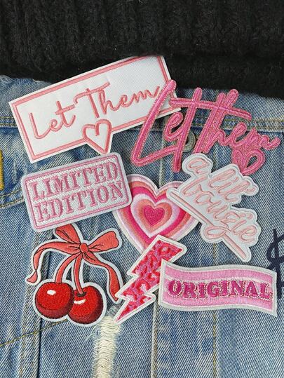 3/8片粉色英文字母系列刺绣布贴，可爱时尚女童涤纶纤维徽章贴花，DIY服装熨烫缝纫配件，适用于背包、牛仔裤、夹克、T恤、帽子、连衣裙