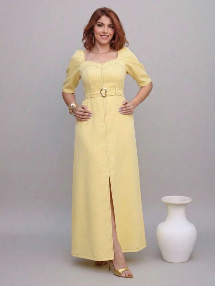 Vestido Longo Feminino com Meia Manga e Estampa Simples com Costuras a Mostra Super em Alta Moda Inverno, Árbora Eminence. - Amarelo Bebê - Visão 3