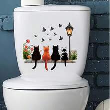 1/3pcs Cute 4 Cats Sitting On Stone Pattern Toilet Seat Decal Sticker, Water Tank Sticker, Suitable For Bathroom, Wall Decor, Easy To Apply, Waterproof - Multicolor - View 3