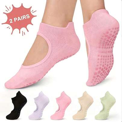 2 Pairs Women's Non-Slip Pilates Yoga Socks - Toeless Sports Socks With Arch Support, Breathable And Comfortable, Suitable For Workout, Ballet - Multiple Colors Available (Black/Beige/Pink/Purple/Green), Pilates Non-Slip Socks, Ballet Accessories, Textured Non-Slip Sole, Gift