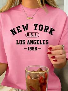 New York Los Angeles Independence Day Graphic Tee Independence Day Shirt Y2k Woman Teen Girls Tee,Vintage Print Top, Funny Cute Graphic Letter Tee Crew Neck Cool Summer Shirt Short Sleeve Top,Animal Fruite Pet Pattern, Women Graphic-Shirt, Fashion 2025,Gifts, Women's Clothing, Cartoon And Letter Printing, Comfortable Cotton Material, Skin Friendly, Soft And Cool, Spring Summer Women's-Shirt ClothingSports Short Sleeves - 粉色 - 查看 2