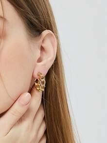 Women's Gold-Plated C-Shaped Earrings, Featuring Thick Chain And Fully Paved Cubic Zirconia Stones, Minimalist Elegant Design, Suitable For Daily Commute And Workwear, An Ideal Gift For Fashion Enthusiasts - Gold - View 4