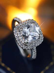 Elegant Square Geometric Couple Rings, Synthetic Cubic Zirconia Jewelry Gift For Valentine's Day - White - View 6