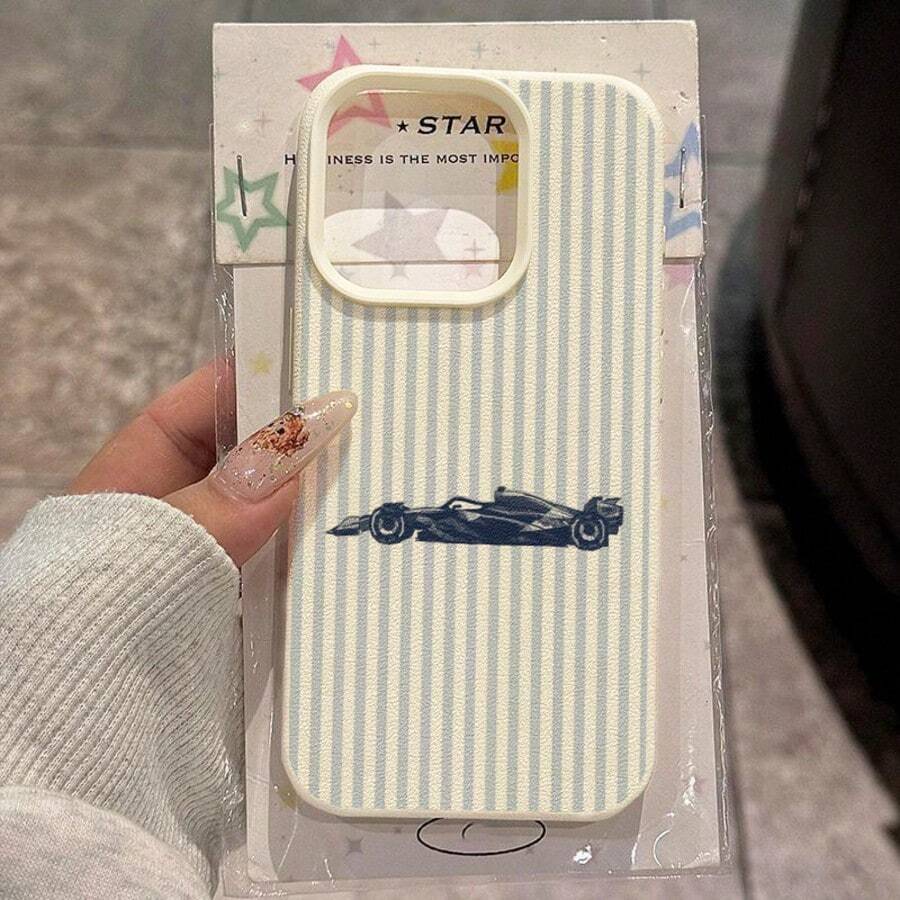 1pc TPU Material Fresh Blue Striped Racing Pattern Phone Case Suitable Compatible With Iphone 17 Pro Max/17/16 Pro Max/15/13/12/11, S20 FE/A15/S24/A55, Note 11/Note 12/Note 13 Pro, Full Coverage Anti-Drop Soft Protective Phone Case - White - View 1