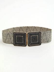 1 pieza Cinturón cuadrado de mujer trenzado de ratán con hebilla de metal y paja tejida de PP, estilo bohemio para verano, escuela, otoño, Halloween - Caqui - Ver 16