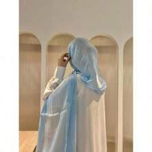 1pc Women's Basic Solid Color Silk-Like Elegant Shiny Soft Headscarf, Arabian Casual Long Scarf, Conservative Plain Headwrap, Suitable For Daily Use, SHIMMER HIJAB For Dress - Màu xanh nhạt - Xem 3