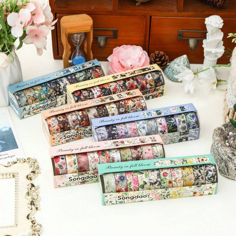 10 Rolls Vibrant Floral Washi Tape Set |   Vintage Flower Masking Tape, Aesthetic Garden Scenery Bullet Journaling, Scrapbooking Supplies, Premium Colorful Botanical Stationery Women - 奼紫嫣紅SDRT240821-2 - 查看 1