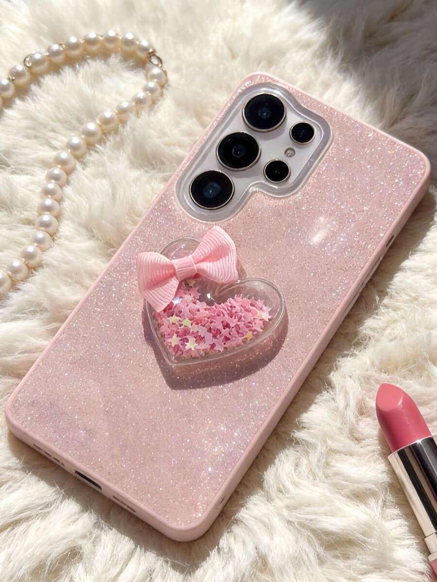 全摄像头孔保护；心形亮片自由飘逸；可爱蝴蝶结装饰；柔软闪光质感；侧边按键轻松按压；少女闪亮蝴蝶结手机壳，兼容三星 S26 S25 S24 S23 S22 S21 Ultra/A12 A13 A14 A15 A16 A31 A32 A33 A34 A35 A36 A52 A53 A54 A55 A56 /荣耀 X8 X9 X8A X7A X5B X6A X6C X8C X6B X7C/苹果 17 Pro Max Air Pro - 粉色 - 查看 1