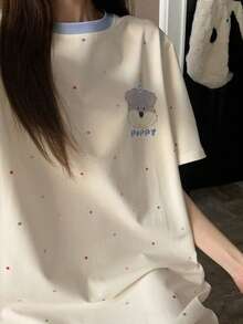 女士波点圆领睡裙，卡通小狗印花夏季睡衣 - 杏色 - 查看 5
