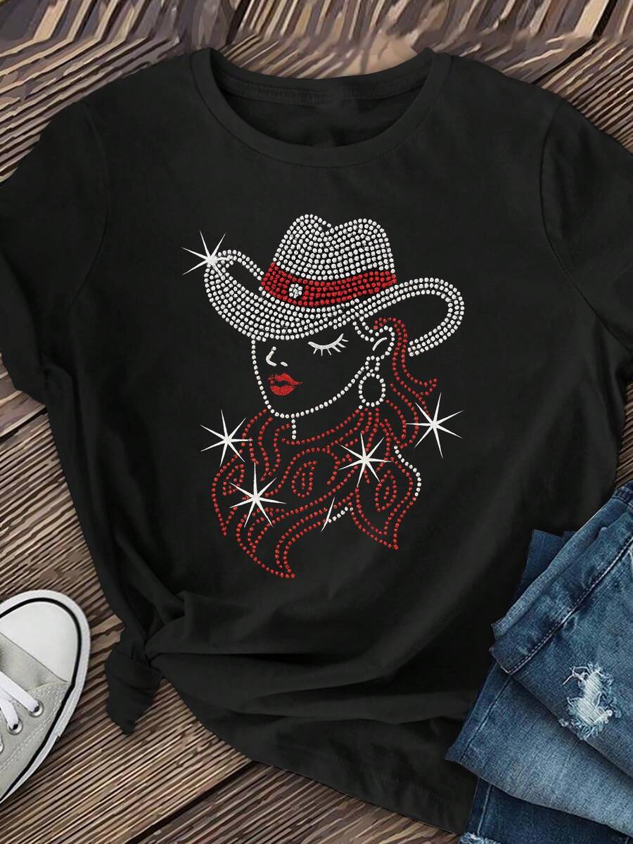 [Camicie casual da cowboy] Camicie casual a maniche corte da donna in stile cowboy | Top a collo tondo con motivi per primavera ed estate - Moda donna, Abbigliamento donna - nero - Visualizzare 1