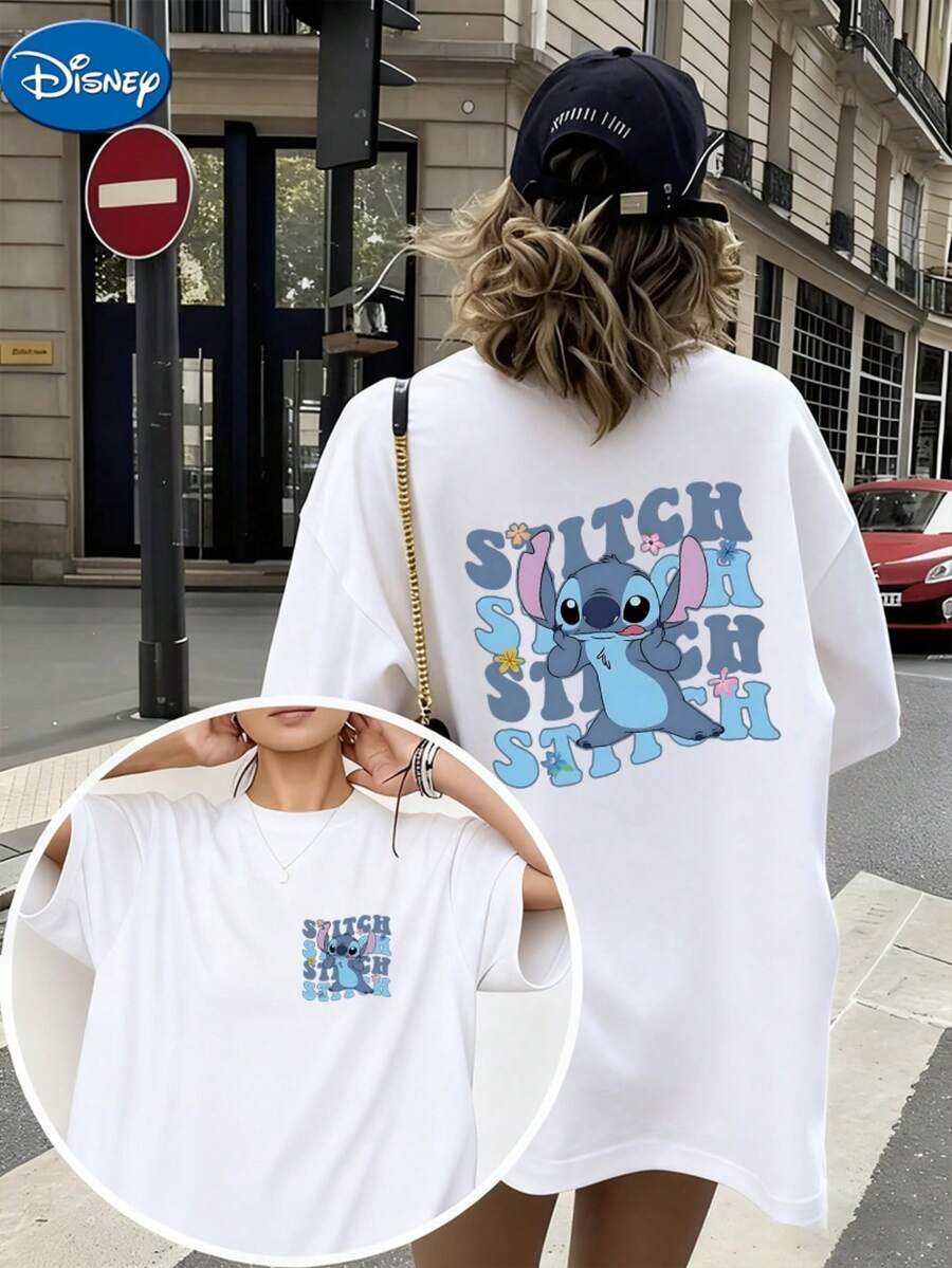 Disney'S Lilo & Stitch Series Features A Women'S Casual T-Shirt With A Cute Front And Back Print Of Stitch Sticking Out His Tongue. It'S A Versatile Piece Recommended For Sports And Commuting - White - View 1