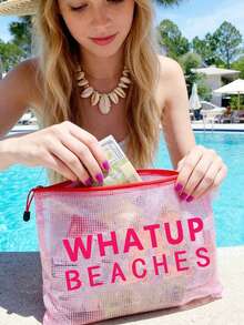 "WHATUP BEACHES" 防水時尚沙灘包，大容量透明化妝包配尼龍拉鍊 - 輕巧，春/夏收納，適合游泳、沙灘、潛水和夏季度假、返校，輕巧防曬收納包，非常適合朋友、家人、閨蜜、同學。生日、節日、派對、婚禮（伴娘）、母親節、教師節的理想禮物和紀念品，郵輪必備，夏季度假禮物 - 彩色 - 查看 4