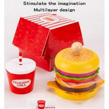 儿童早教木制汉堡、薯条、汽水套餐组合，逼真烹饪玩具套装，益智玩具 - 彩色 - 查看 9