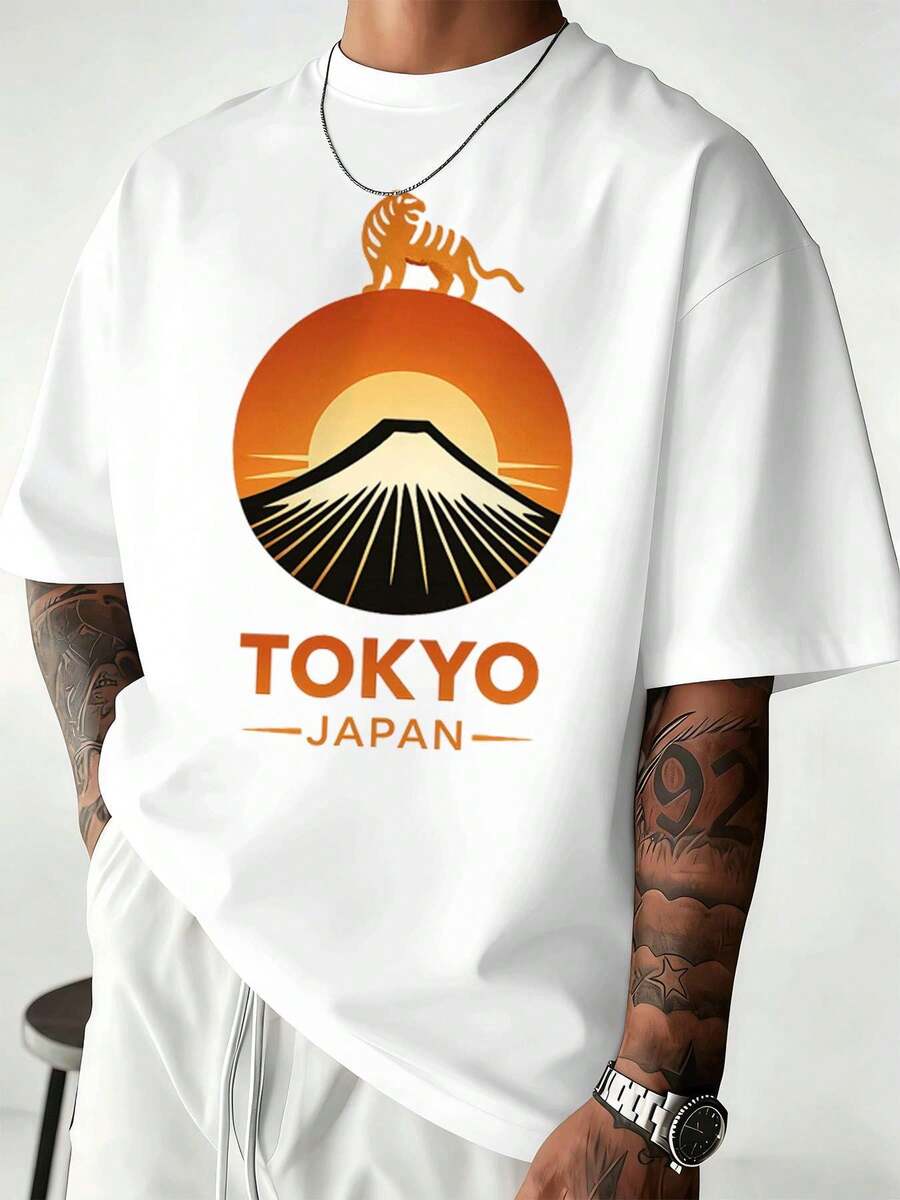T-shirt graphique Tokyo, Japon, Mont Tiger, coucher de soleil, 100 % coton, coupe décontractée et confortable, imprimé streetwear hip-hop - Blanc - Voir 1