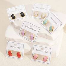 Pendientes de cuentas de acero inoxidable minimalistas, pendientes versátiles de estilo francés retro para mujeres - Blanco - Ver 1