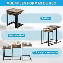 Juego de 3 Mesas de Anidación Industriales Vintage, Mesitas Auxiliares Forma C Apilables, Mesa de Café y Mesita de Noche para Espacios Pequeños, Sala y Dormitorio - por defecto - Ver 6