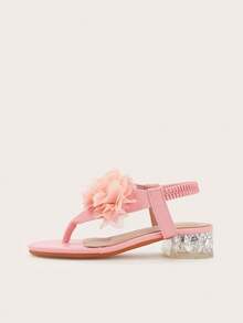 2026 New Girls' Flower Trim Chunky Heel Open Toe Lace-Up Sandals, Pink Fashionable Versatile Design Suitable For Spring, Summer, Autumn - Pink - View 5