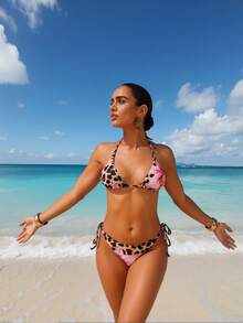2026 New Arrival Two Piece Bikini Set, Leopard Print With Pink Floral Print, Triangle Halter Top & Tie Side Bottoms For Beachwear - 粉色 - 查看 6