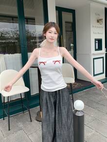 女士刺绣蝴蝶结休闲吊带背心 - 白色 - 查看 4