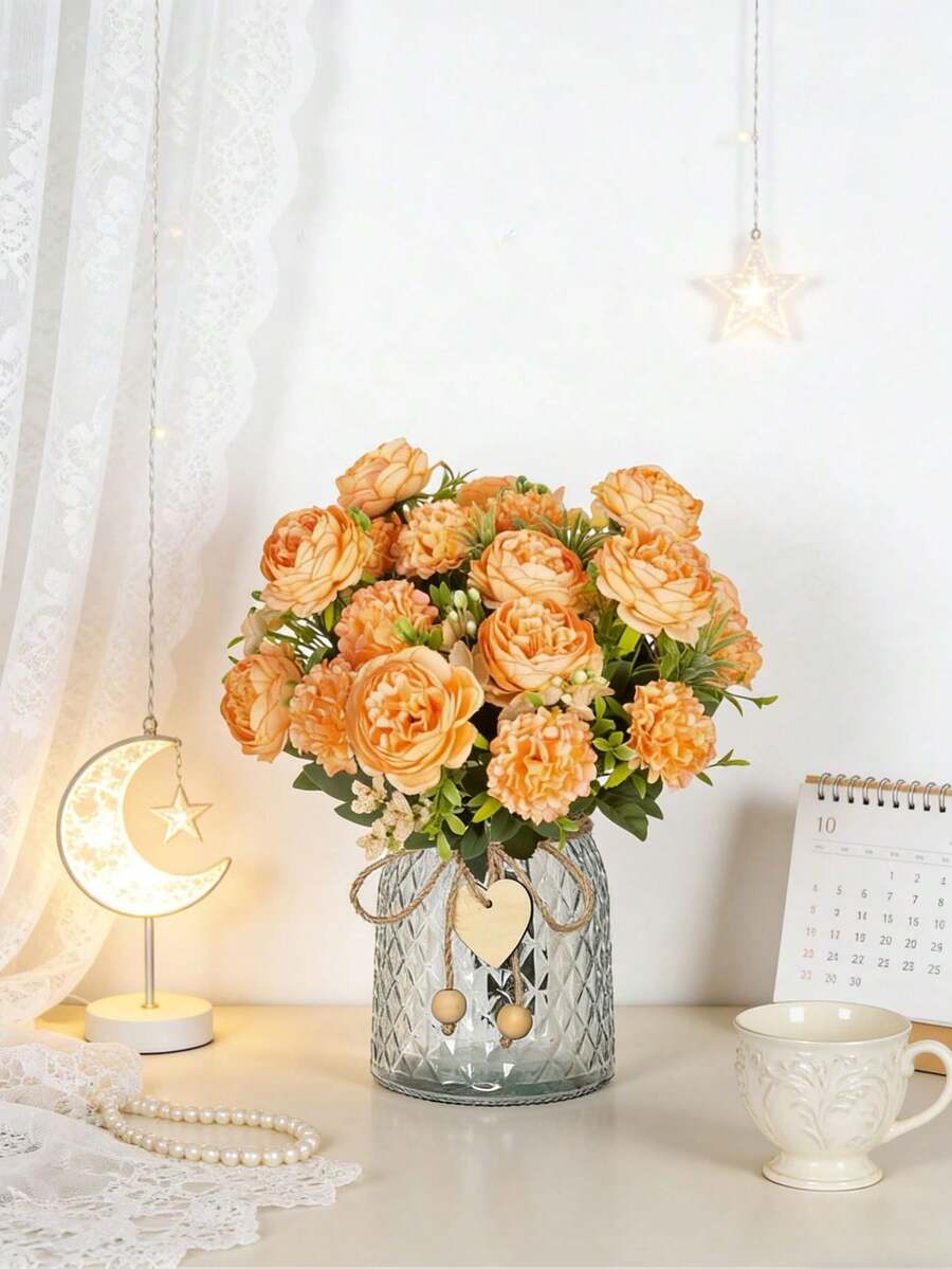 1/3 szt. Sztuczna piwonia z jedwabnym haftem, kula kwiatowa, jesienne dodatki do domu, wazon na Walentynki, bukiet ślubny, łuk różany do ogrodu, dekoracja salonu, dekoracja noworoczna, ozdobna doniczka - Pomarańczowy - Zobacz 1