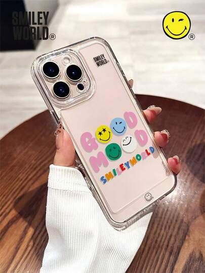 Smiley World SmileyWorld® | 1pc Shock-Absorbing Full Coverage TPU Material Transparent Phone Case, Smiley Yellow Cartoon Letter Pattern, UV Printing Craft, Compatible With IPhone 17, 16, 15, 14, 13, 12, 11 Pro Max, Suitable For Holiday Gifts, Commuting, Anti-Drop High-Value Model