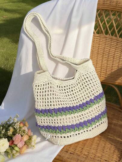 1个撞色肩背包，花卉图案，春夏编织包，可选拉链或磁扣款式，容量大，通勤包，非常适合海滩度假。