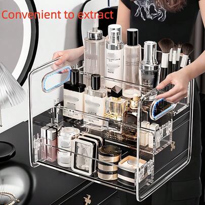 1个透明桌面收纳盒，三层化妆品收纳展示盒，适用于化妆品、护肤品、香水等，可作女友礼物或房间装饰。