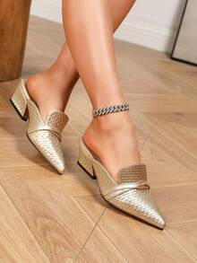 春夏时尚经典尖头交叉绑带装饰穆勒鞋，粗跟坡跟鞋，度假风舒适优雅，适合派对、正式场合、休闲穿着、通勤，编织面料和PU皮革材质，女士金色高跟无后跟套脚鞋 - 金色 - 查看 2