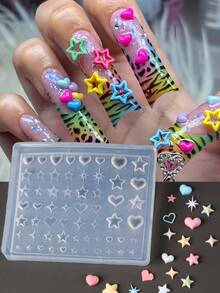 1件 Y2K 星空夏季美甲硅胶模具 3D 迷你心形星爆弧形模具模板 凝胶印花沙龙 DIY 音乐节派对婚礼美甲用品 可重复使用美甲印花工具 - 無色 - 查看 2