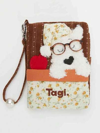 Plush Puppy Floral Zip Around Wallet With Wristlet Strap - Cute Cartoon Dog Fuzzy Faux Fur Accent, Vintage Yellow Floral Print, Brown Faux Leather Trim, Kawaii Aesthetic, Perfect For Cozy Winter Outfits, Ideal Gift For Her, Women's Fashion Accessory