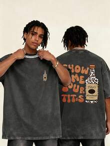 Men Street Style Washed T Shirt Show Me Your Titos Graphic Print Unisex Casual Wear Cotton Blend Essential For Daily Life Gym Home Party Outfit Gift For Him - Black - View 2
