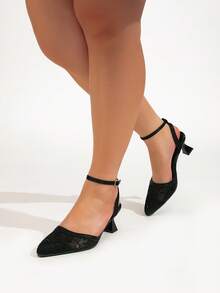 Women's Black Lace Pointed Toe Mid Heel Shoes With Ankle Strap, Kitten Heels, Party & Wedding Pumps - Blacknet - View 5