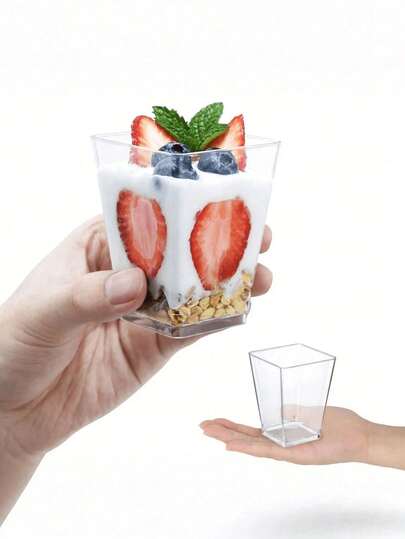 60 piezas/20 sets Vasos de plástico reutilizables de 5 onzas para postres con tapas, tazas para parfait de yogur/aperitivos con tapas para fiestas, mini tazas para postres con cucharas para pudín, fruta y helado, suministros para bodas