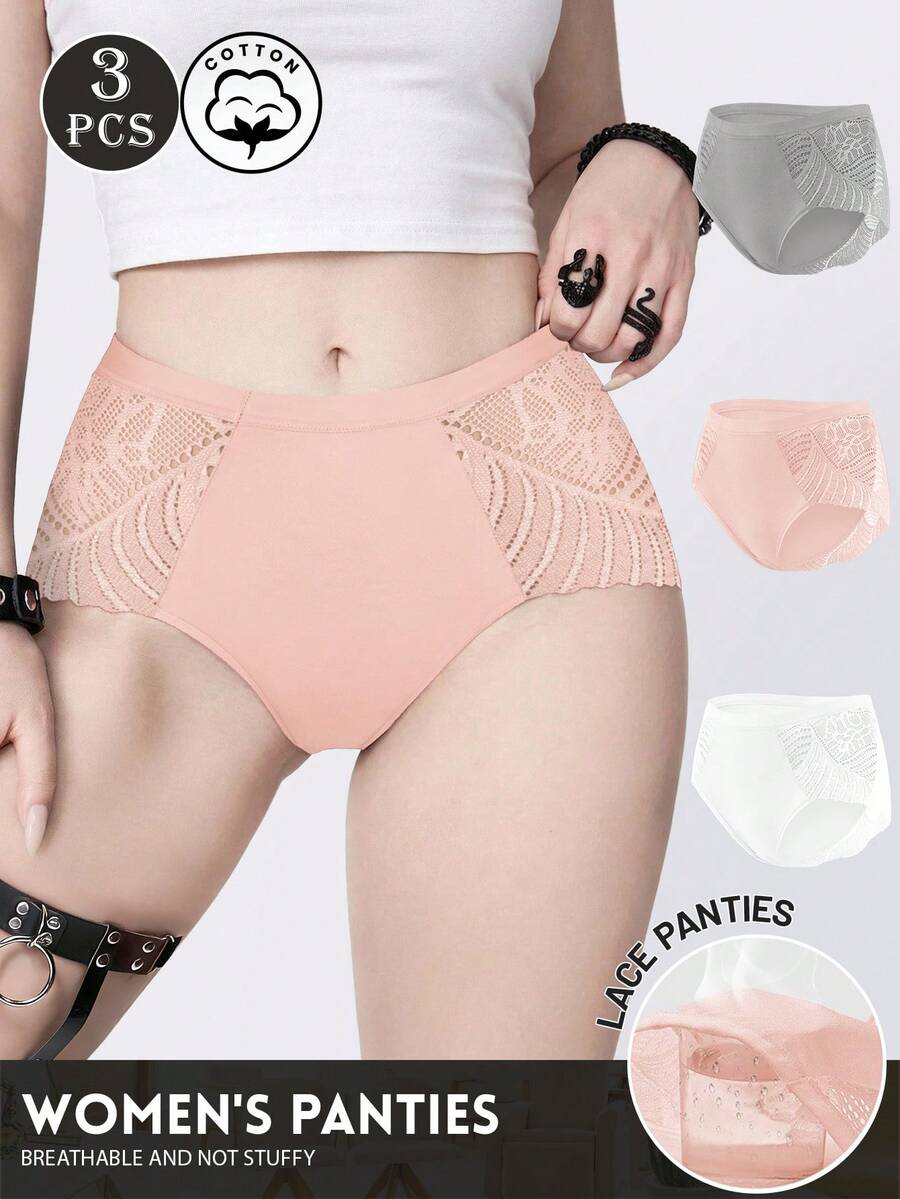 3条装蕾丝边纯棉内裤，中腰镂空性感女士内衣