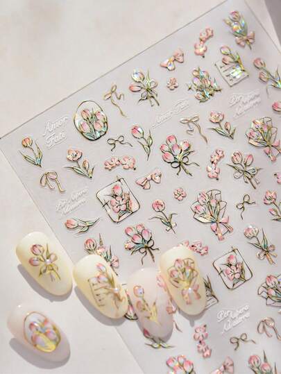 1张5D烫印美甲贴纸，春日浪漫郁金香花束美甲贴纸，自粘美甲贴纸，贴纸，DIY美甲设计