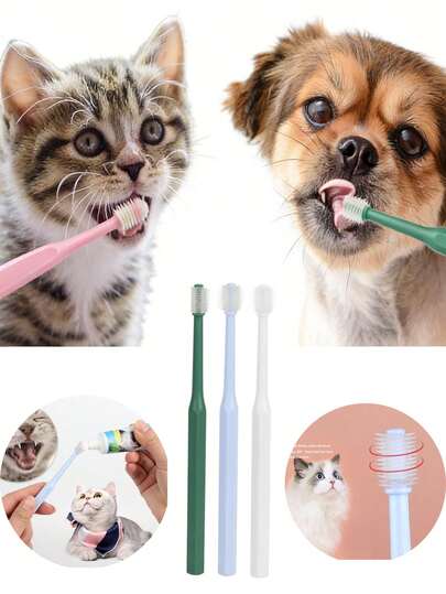 1pc Premium Pet Toothbrush Set: 3 Packs Of 360° Small-Headed Soft-Bristled Toothbrushes For Cats And Dogs-Gentle Silicone Bristles Effectively Remove Plaque And Tartar, Ideal For Daily Oral Hygiene, And A Perfect Choice For Pet Grooming Sets And Pet Lover Gift Sets. The Ergonomic Handle Is Easy To Grip, Perfect For Home Teeth Cleaning, Maintaining Oral Health