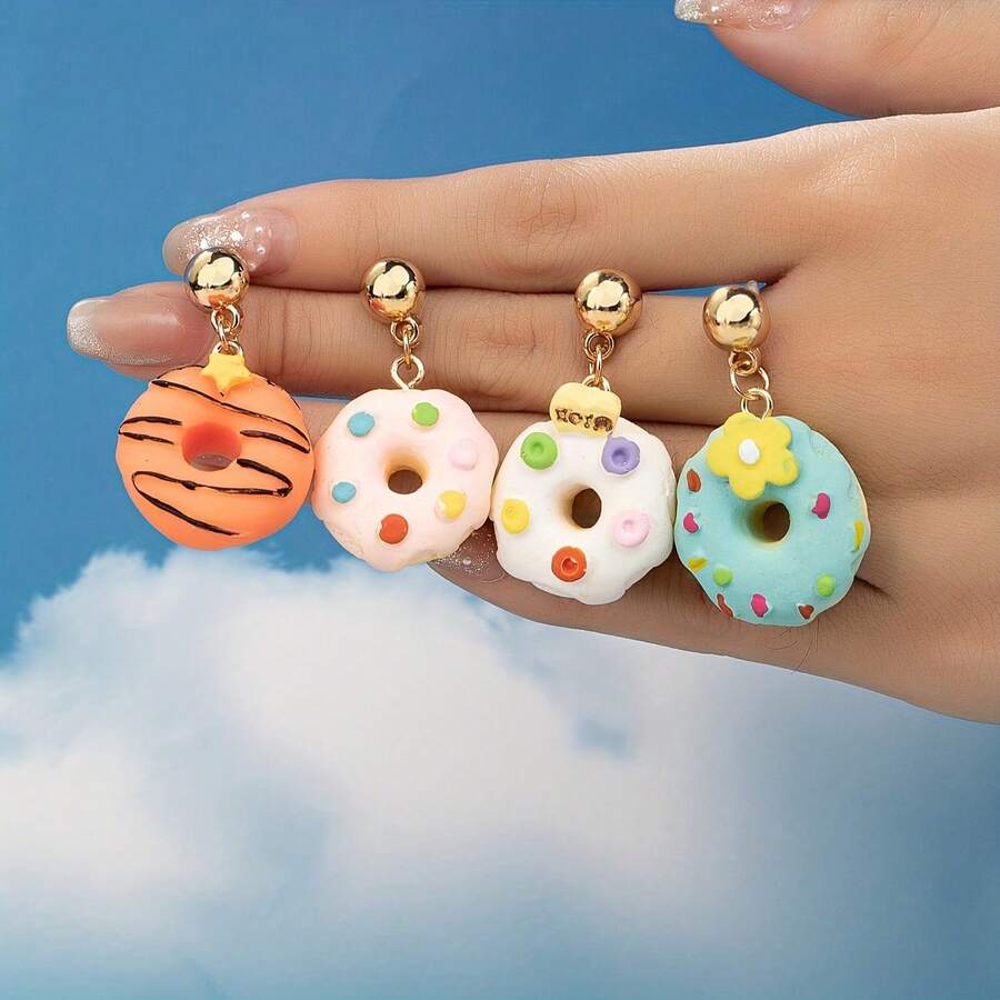 Pendientes asimétricos hechos a mano con diseño de donut de crema de piña creativos para mujeres - Blanco - Ver 1