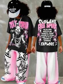 2pcs/Set Kids Hip Hop Style Character Print T-Shirt + Ombre Star Wide Leg Pants Street Fashion Outfit - Multicolor - View 1