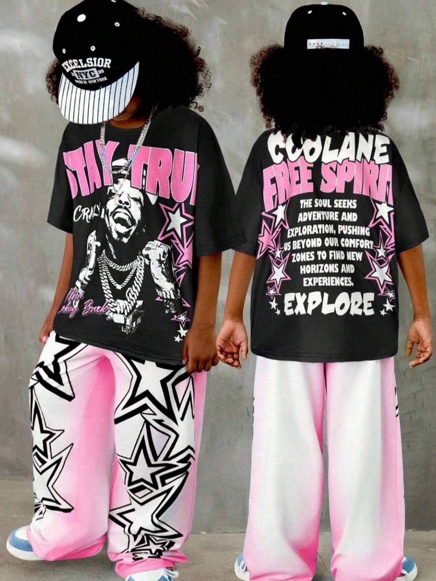 2pcs/Set Kids Hip Hop Style Character Print T-Shirt + Ombre Star Wide Leg Pants Street Fashion Outfit - Multicolor - View 1