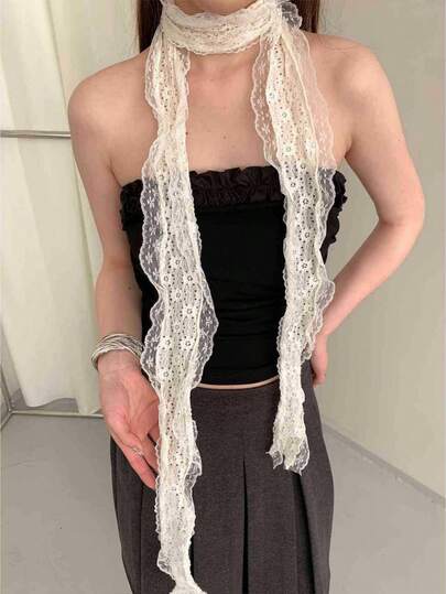 1piece Of Black Polka Dot Lace Long Tie Neck Accessory, Summer Slim Headband, Women's Spring And Summer Fashionable Tie Decoration Neck Scarf, Suitable For Dress Matching