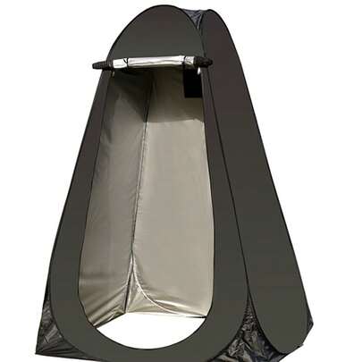 Tienda de campaña portátil de apertura rápida de unicolor minimalista para exteriores, material de poliéster plateado impermeable y resistente a los rayos UV con recubrimiento, diseño plegable automático, capacidad para una persona, cortina de puerta con bordes negros y ganchos decorativos, unicolor discreto y duradero, multifuncional para cambio de ropa/ducha al aire libre/inodoro de emergencia/cambio de fotografía/protección solar/anti-exposición