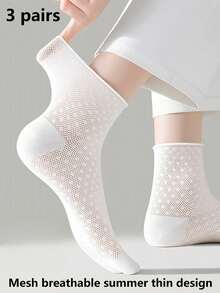 3 双女士宽松透气网眼中筒袜，薄款袜子，适合大码、孕妇、中老年、夏季、秋季袜子 - 白色 - 查看 3