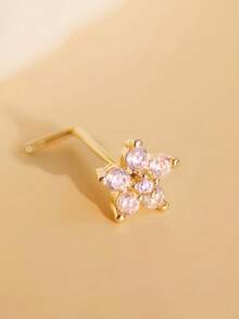 1pc Flower Design Clear Cubic Zirconia Nose Stud, L Shape Piercing Nose Ring For Women - Gold 2 - View 3