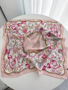 1pc Handkerchief Plain Neck Scarf Colorful Graffiti Print Women Small Shawls Wraps Bandana Scarfs 70x70CM Square Headband Hijab Scarves - Hồng - Xem 3