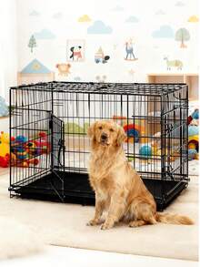 Double Door Bold Dog Cage Foldable Metal Wire Dog Cage, With Partitions And Leak-Proof Tray, Protective Feet And With Isolation Net - With Door Lock, Pet Kennel, Multiple Sizes Suitable For Indoor, Outdoor, Travel Metal Cage - Black - View 1